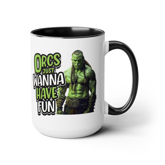 Orc Just Wanna Have Fun Two-Tone Coffee Mugs, 15oz